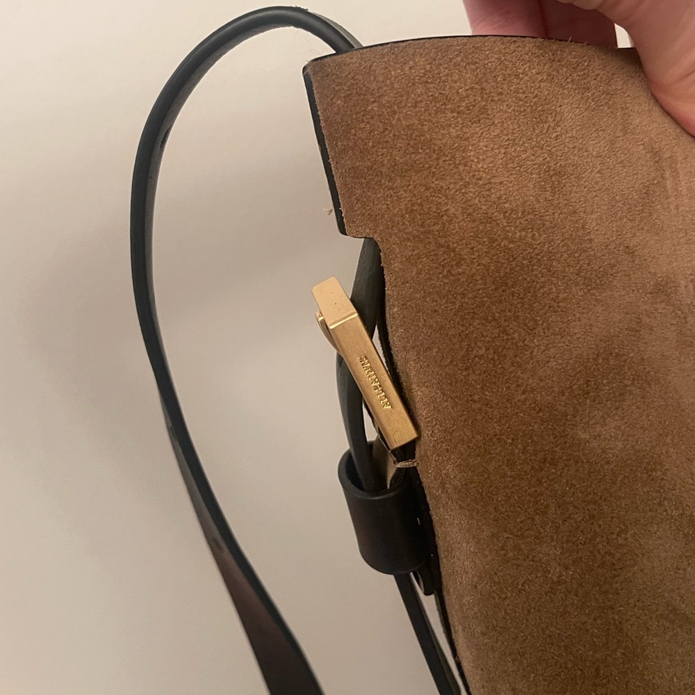 AllSaints Suede Crossbody Bucket Bag in Taupe with Black Strap - Picture 10 of 13